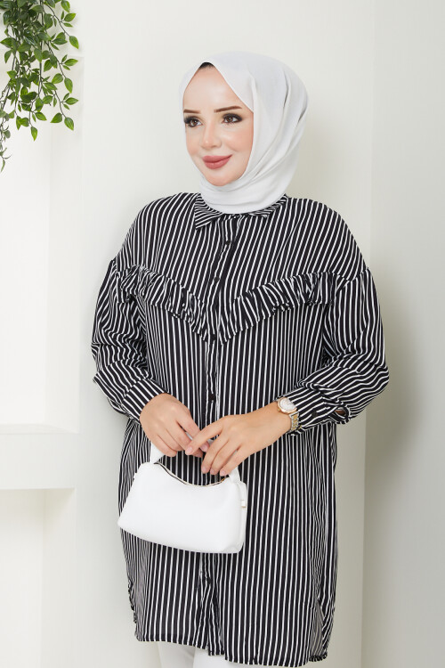 GÜL DETAYLI ÇİZGİLİ GÖMLEK