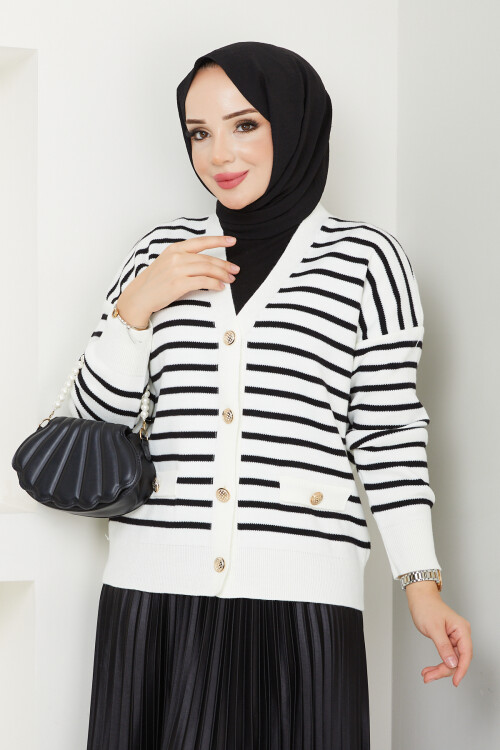 Çizgili Ve Düz Peplum Düğmeli Üst